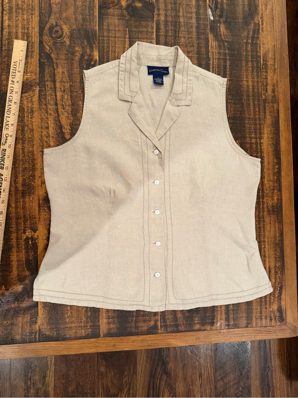 Charter Club Beige Sleeveless Button-Down Shirt with Notch Collar